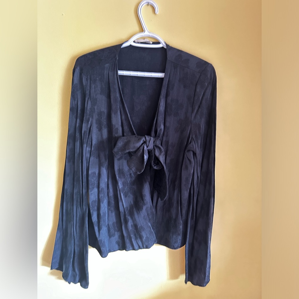 Djerf Avenue Black Satin Tie-Neck Blouse